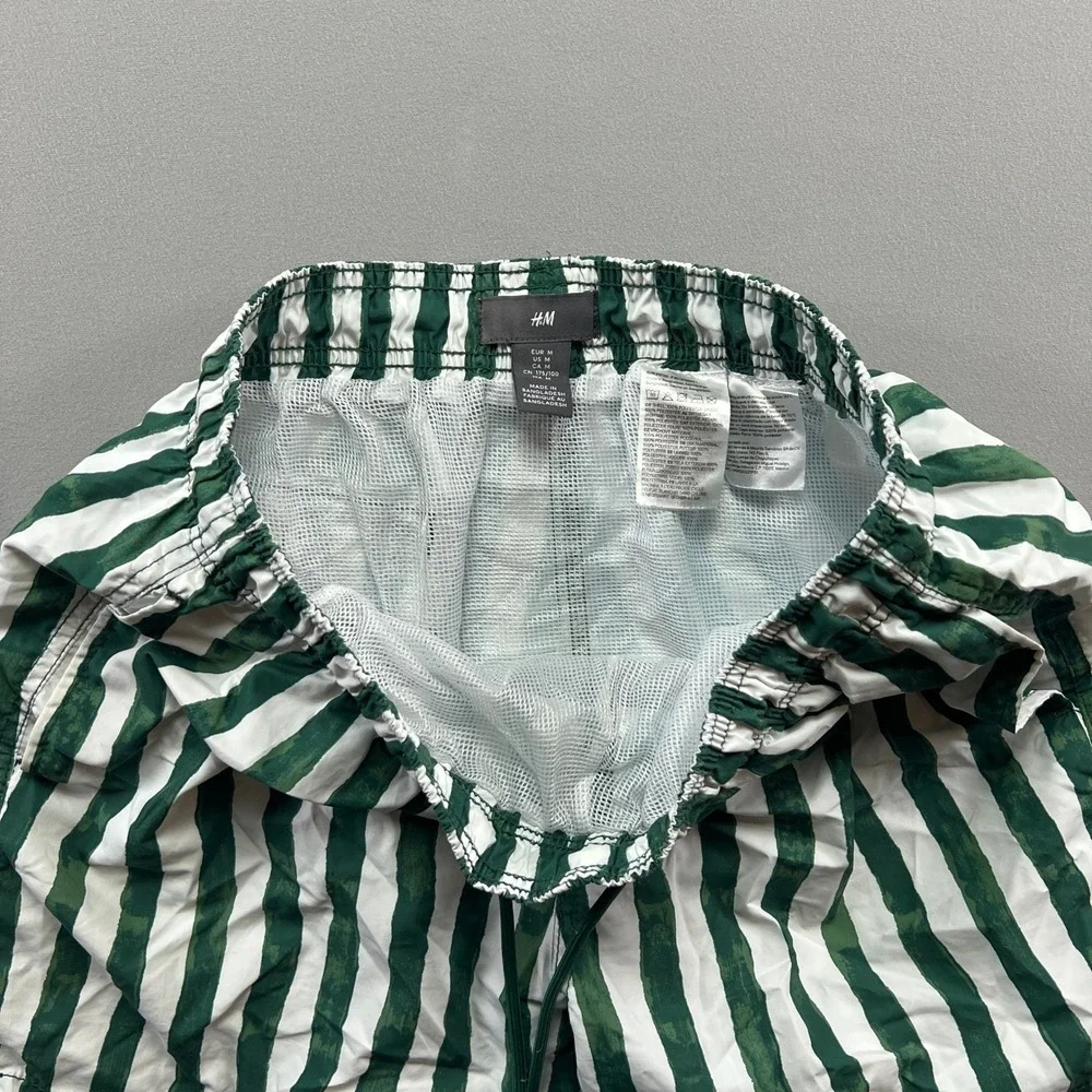 H&M Swim Shorts Mens M White Green Striped Mesh Lined Drawstring Surfing Diving